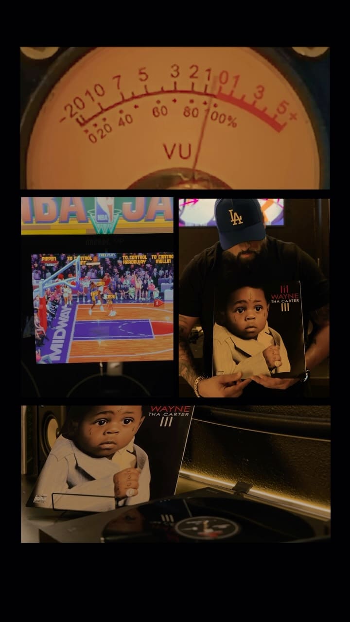 The “A Milli” reel's cover: the VU meter's needle up top, then Lil Wayne's Tha Carter III held up beside an NBA Jam screen and spinning on the turntable