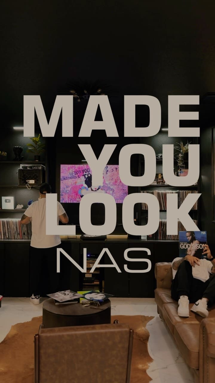 The “Made You Look” reel's opening frame: the title over the vinyl room, Nas' God's Son held up on the couch
