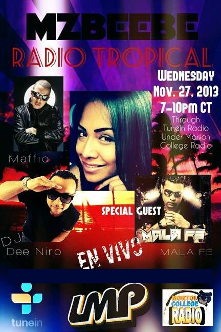 Flyer for LMP's radio takeover on MzBeebe Radio Tropical, Wednesday 27 November 2013 — Maffio, DJ Dee Niro and special guest Mala Fe, with the LMP, TuneIn and Morton College Radio logos