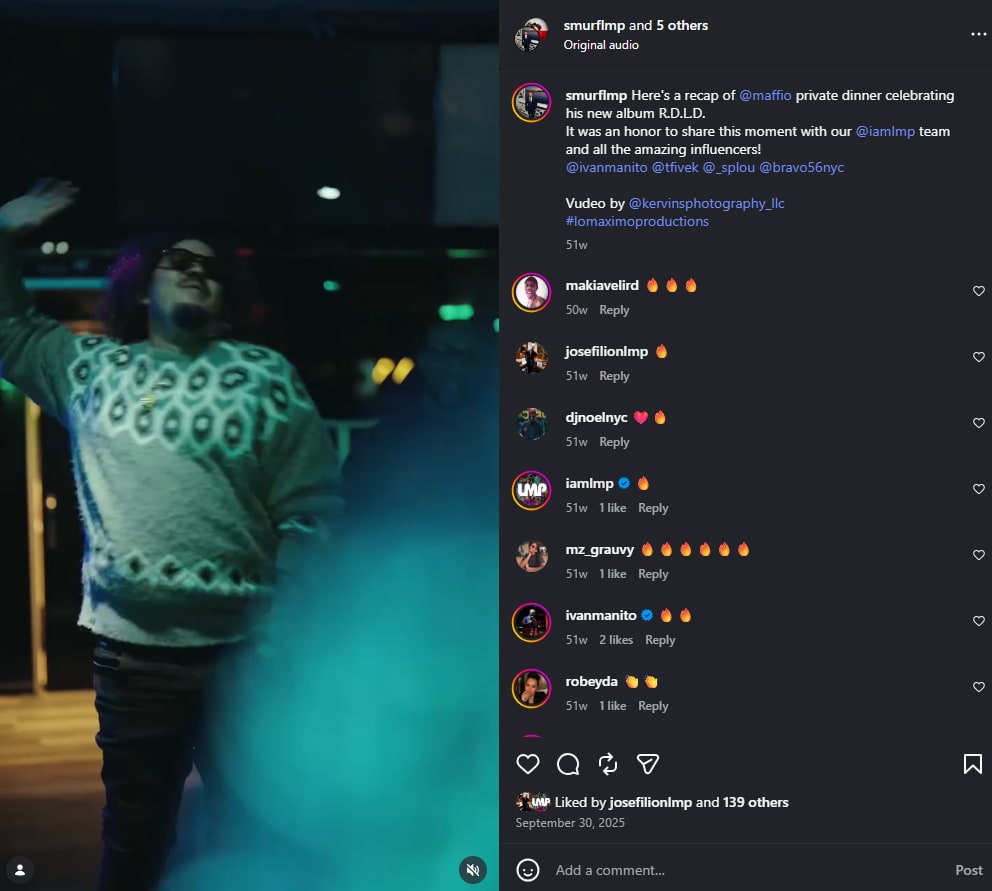 The Instagram recap of Maffio's R.D.L.D. dinner, thanking the @iamlmp team and influencers