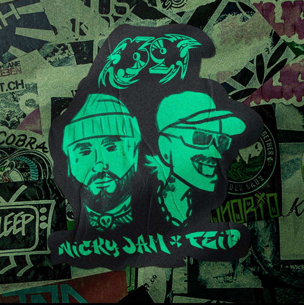 Nicky Jam and Feid on the cover art for “69”