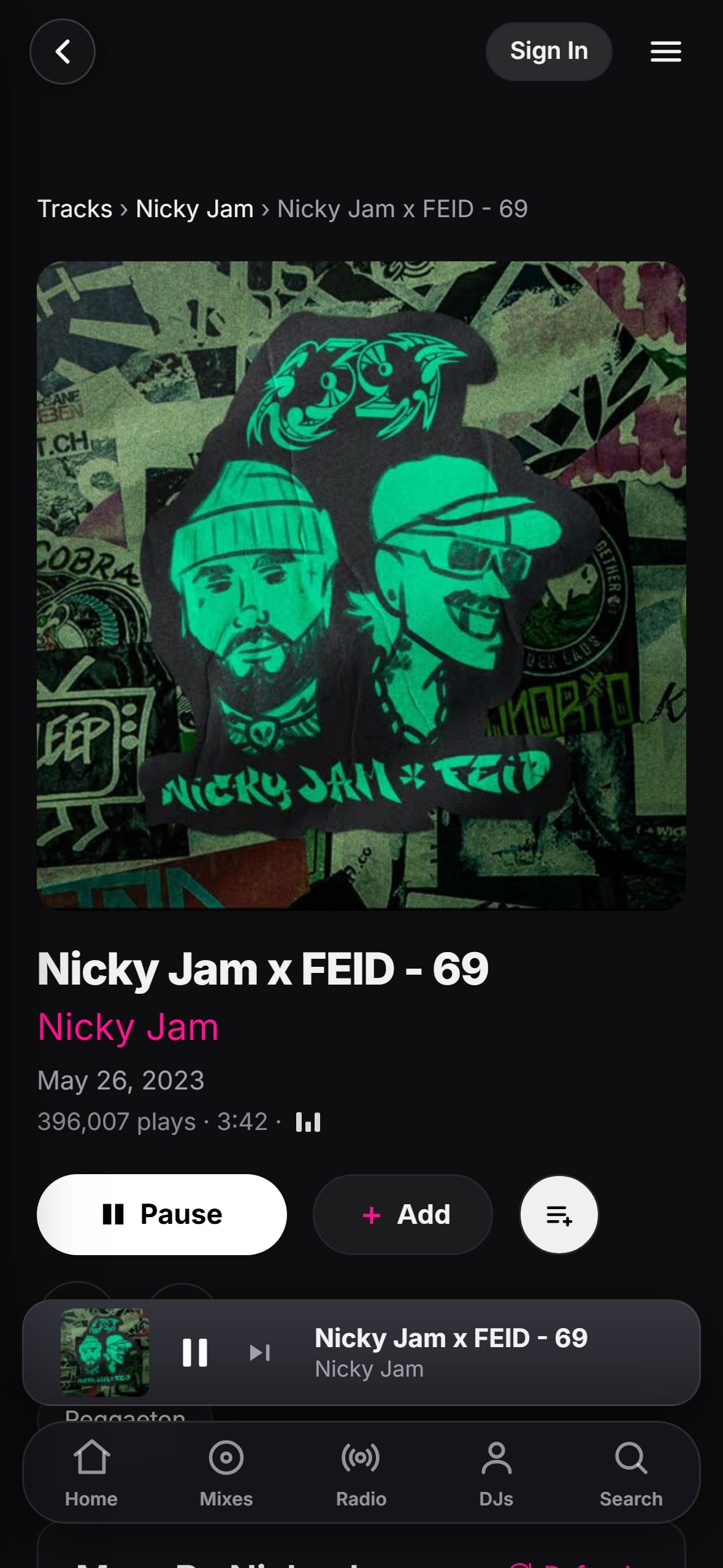 “69” by Nicky Jam and Feid playing in the LMP DJ app