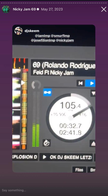 DJ Skeem's Instagram story playing “69” on the decks, tagging @iamlmp and @nickyjam