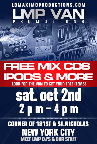 LMP's 2010 flyer “LMP VAN PROMOTIONS — FREE MIX CDS, IPODS & MORE — sat. oct 2nd, 2pm–4pm, corner of 181st & St. Nicholas, New York City”, over a photo of the NUVO-sponsored van