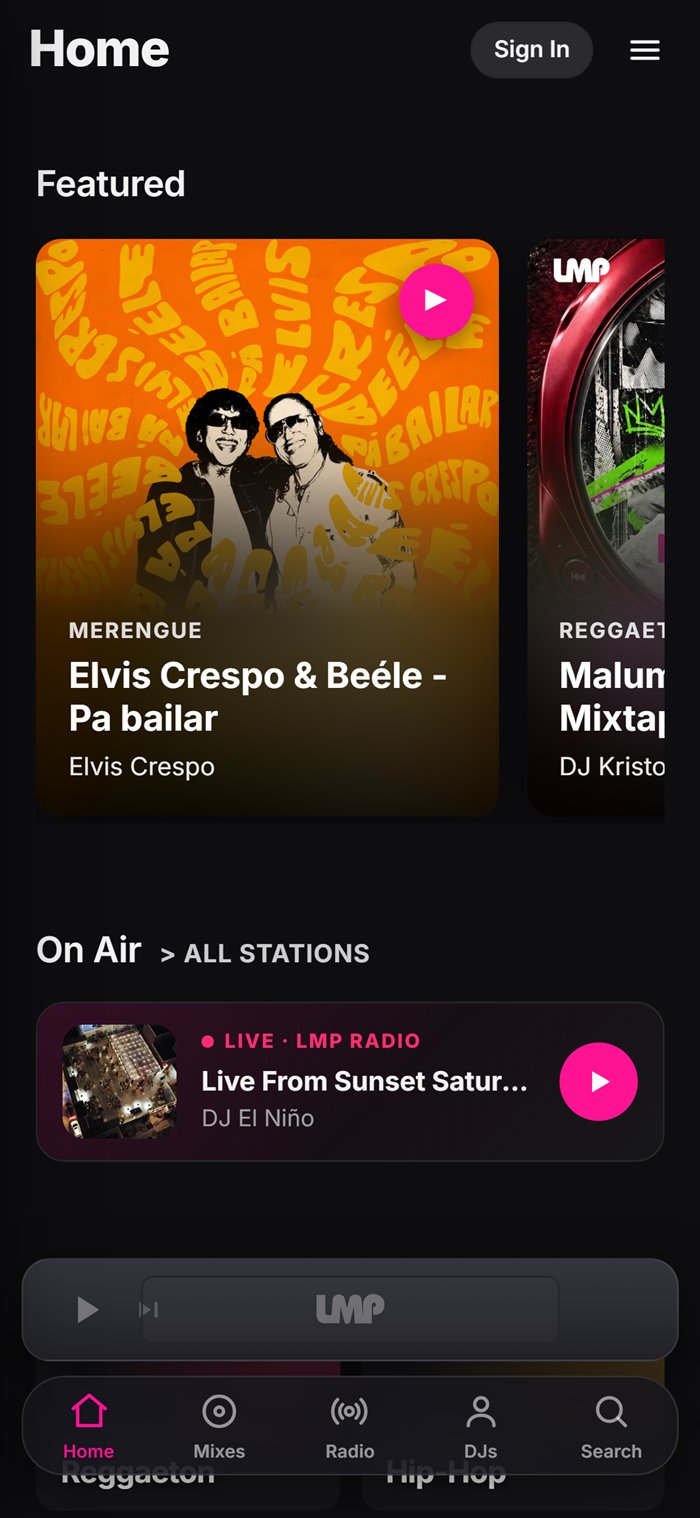 The LMP DJ app home screen with “Pa bailar” first in the Featured row