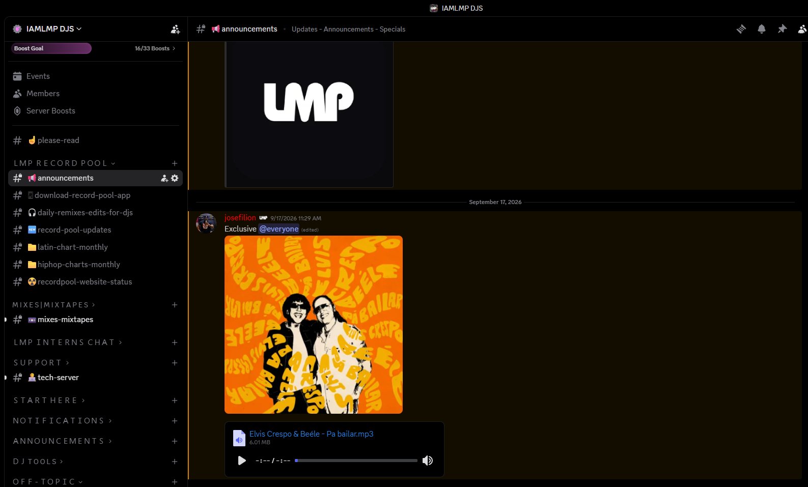 The “Pa bailar” exclusive posted to everyone in LMP's DJ Discord, with the artwork and the MP3