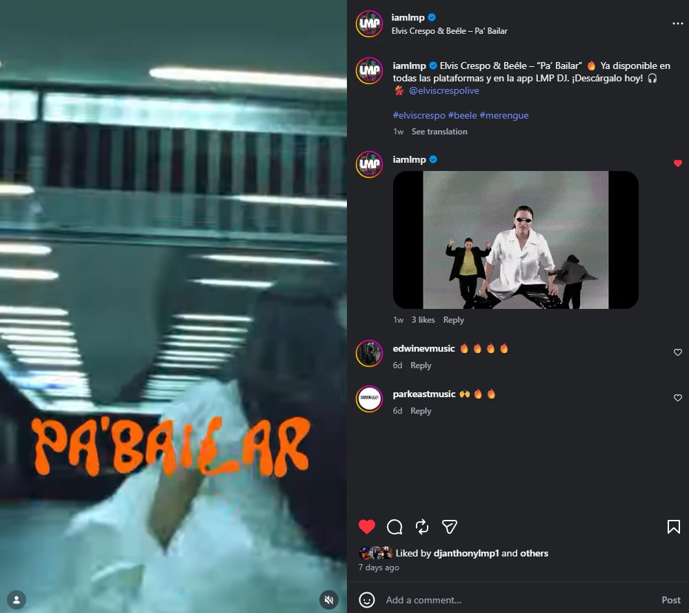 LMP's “Pa' Bailar” reel on the @iamlmp Instagram account