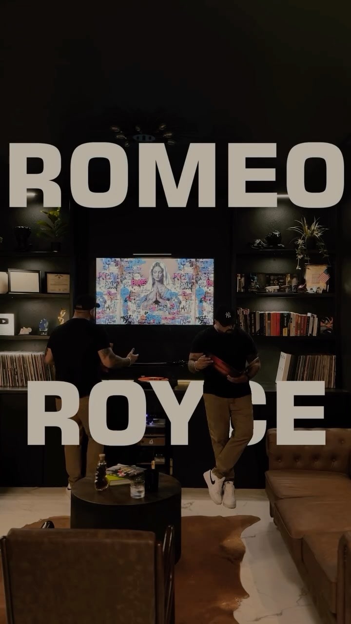 The opening frame of the Vinyl & Culturas “Dardos” reel: “Romeo · Royce” over two people at the turntable, one holding the album's red sleeve