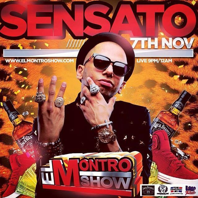 Flyer for Sensato on the El Montro Show — 7th Nov, live 9 PM–12 AM, elmontroshow.com — with Jack Daniel's bottles and the LMP Radio logo