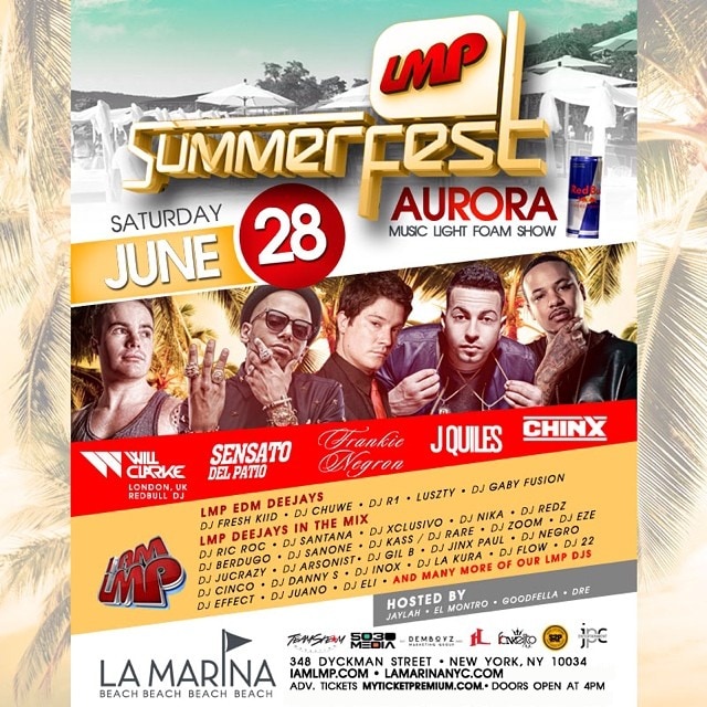The LMP Summerfest 2014 flyer — Aurora Music Light Foam Show, Saturday June 28 at La Marina: Will Clarke, Sensato del Patio, Frankie Negrón, J Quiles and Chinx, with LMP's DJs in the mix and Red Bull on the flyer