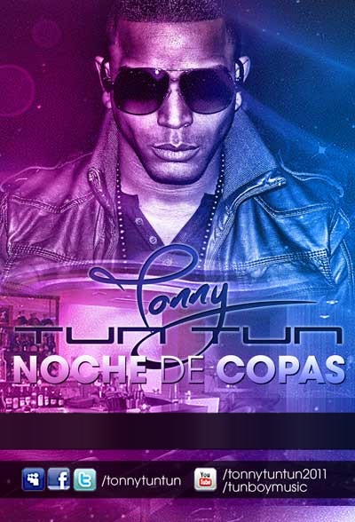 Tonny Tun Tun in aviator sunglasses and a leather jacket above his logo and the title “Noche De Copas”, a bar behind him