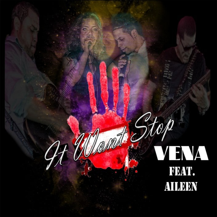 Art for “It Won't Stop — Vena feat. Aileen”: a red handprint over the band and Aileen at their microphones and guitars
