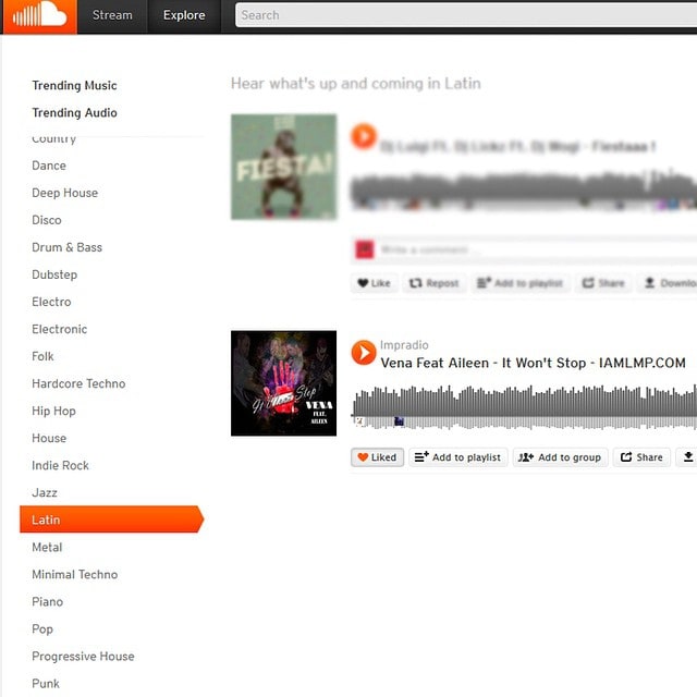 LMP's screenshot of SoundCloud's Latin explore page, “Hear what's up and coming in Latin”, listing lmpradio's “Vena Feat Aileen - It Won't Stop - IAMLMP.COM”
